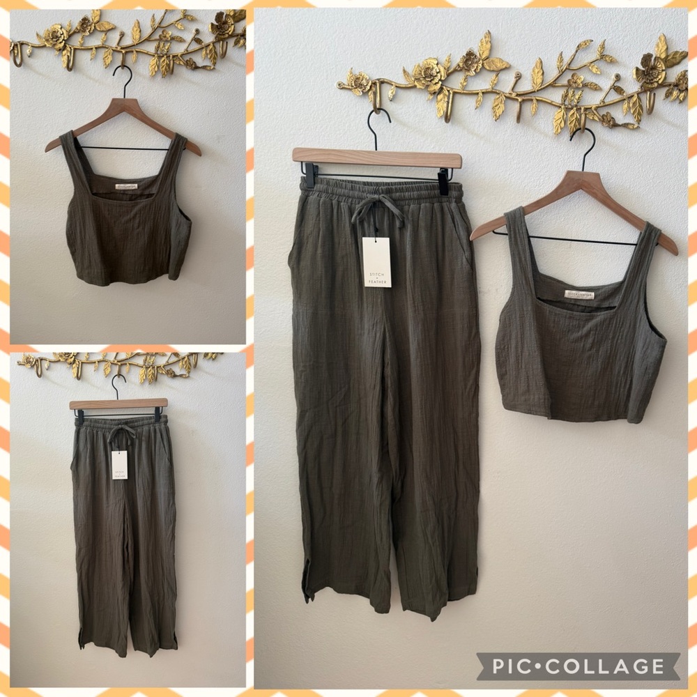 Olive Green Pants and Tank Coordinated Set by Stitch + Feather, size small, NWT